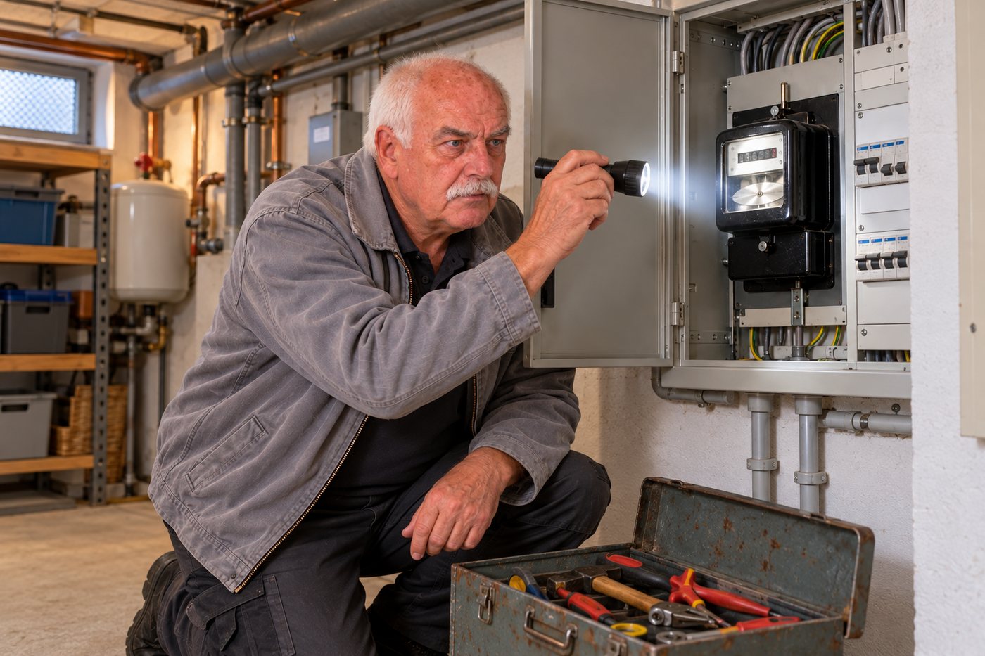 Günter Wendt in grauer Arbeitsjacke vor einem geöffneten Zählerschrank in einem Hauskeller, mit der Taschenlampe in der Hand