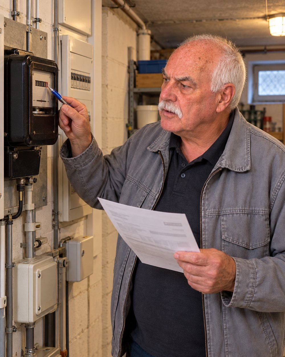 Günter Wendt steht im Keller vor einem alten Stromzähler mit Drehscheibe, zeigt mit dem Kugelschreiber auf das Zählwerk und hält in der anderen Hand eine Stromrechnung