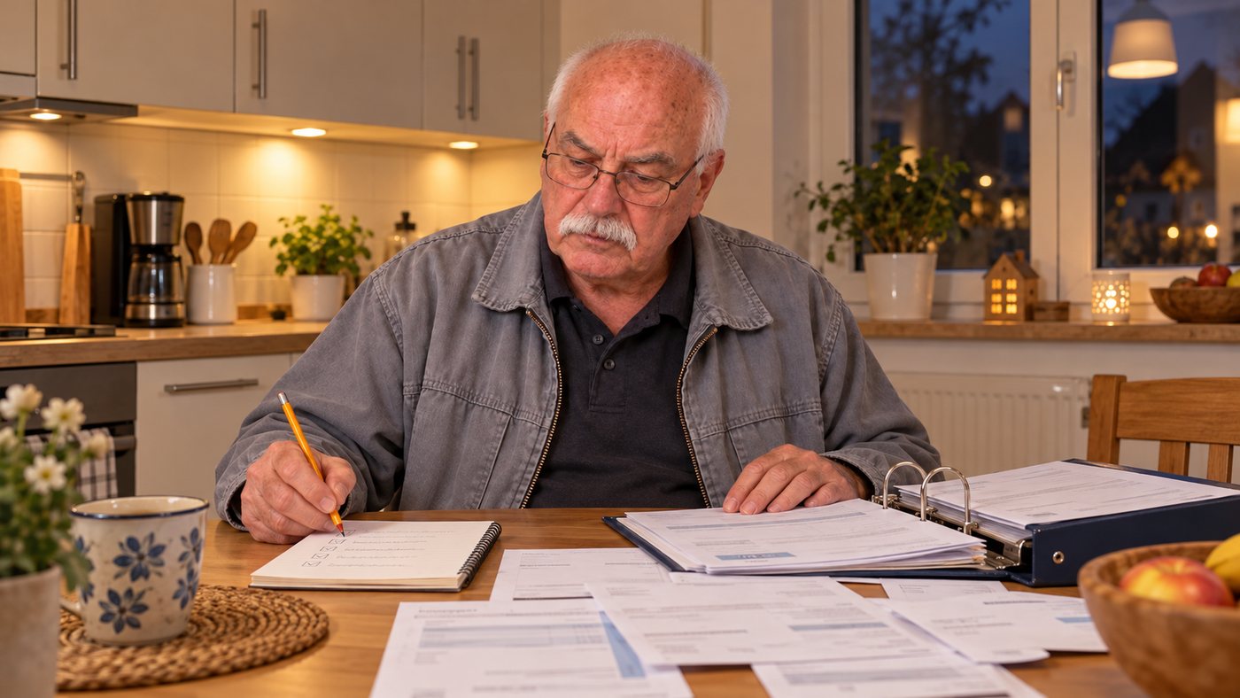 Günter Wendt sitzt am Küchentisch, vor sich Stromrechnungen und einen aufgeschlagenen Ordner, und hakt mit dem Bleistift eine handgeschriebene Checkliste ab